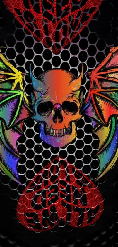 Colorful skull with wings over honeycomb pattern wallpaper.