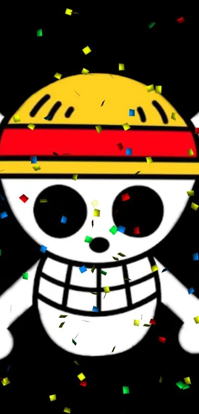 Anime-style skull with confetti on a black background.