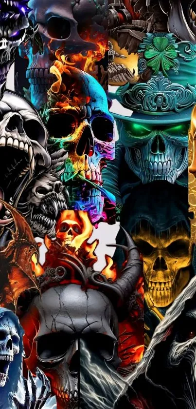 Colorful skull collage art wallpaper for mobile phone.