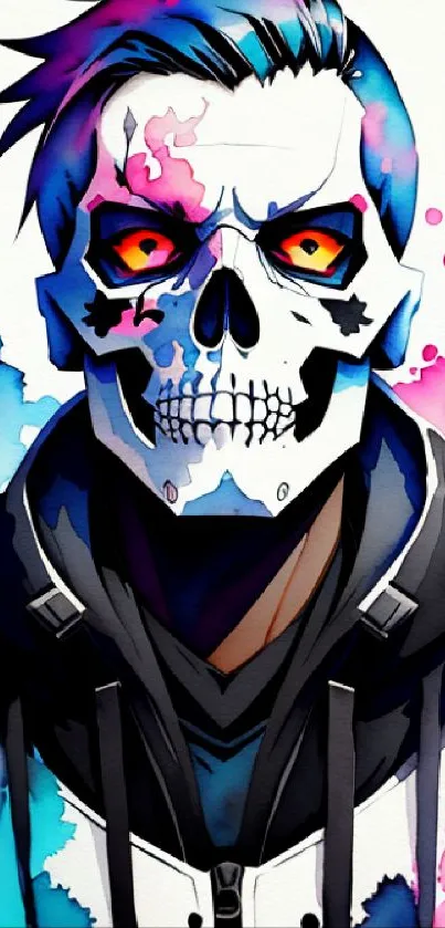 Vibrant skull art mobile wallpaper with colorful splashes of blue and pink.