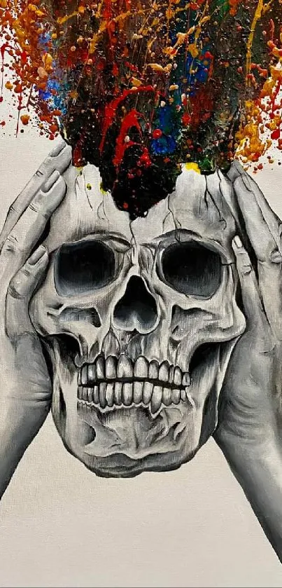 Skull art wallpaper with colorful abstract explosion from skull.