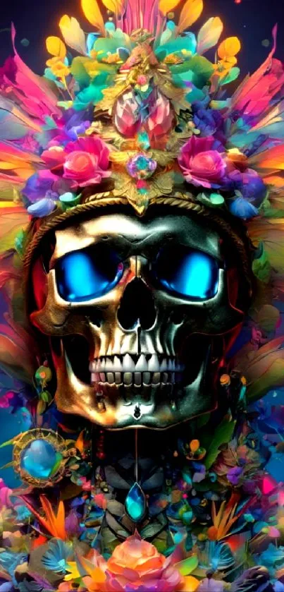 Vibrant skull art with colorful floral headpiece and intricate details.