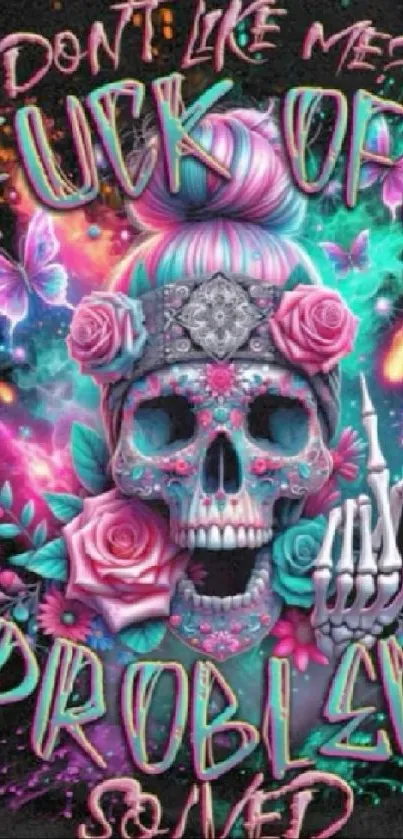 Vibrant skull art with neon floral accents on a black background.