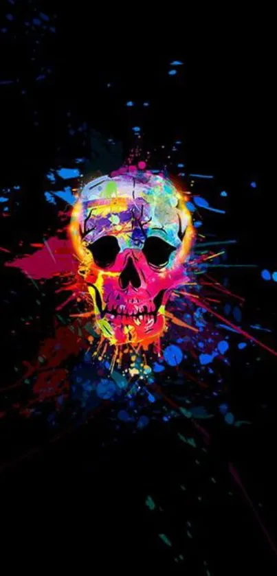 Vibrant skull with colorful splashes on a dark background wallpaper.