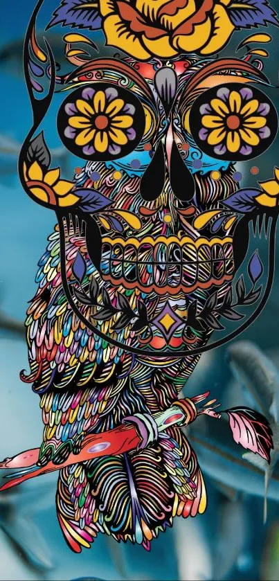 Colorful skull art wallpaper featuring intricate design elements.