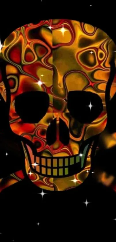 Vibrant skull pattern wallpaper with fiery abstract design and stars.