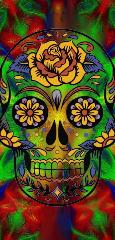 Vibrant skull art with colorful abstract design wallpaper.