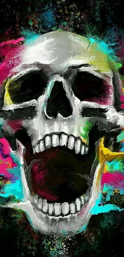 Artistic skull with colorful paint splash on a black background.