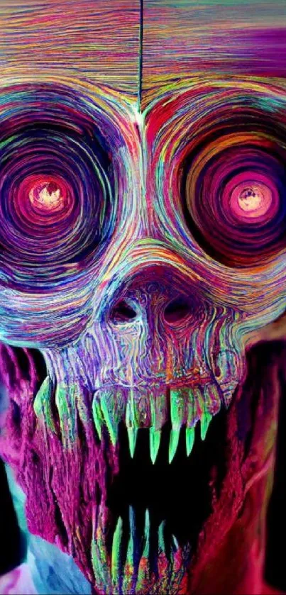 Psychedelic skull art with vibrant colors and haunting design for wallpaper.