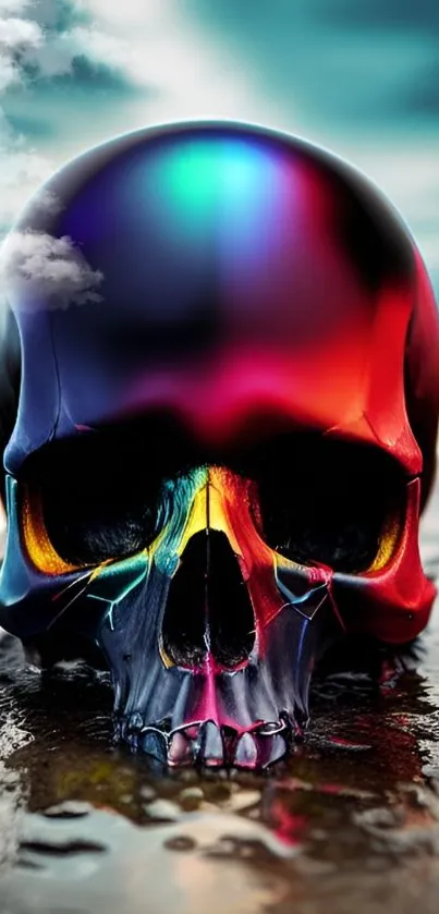 Colorful and vibrant skull art with rainbow hues reflecting on water.