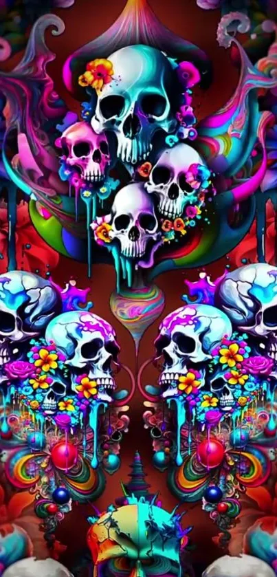 Vibrant skull art wallpaper with colorful flowers and intricate details.