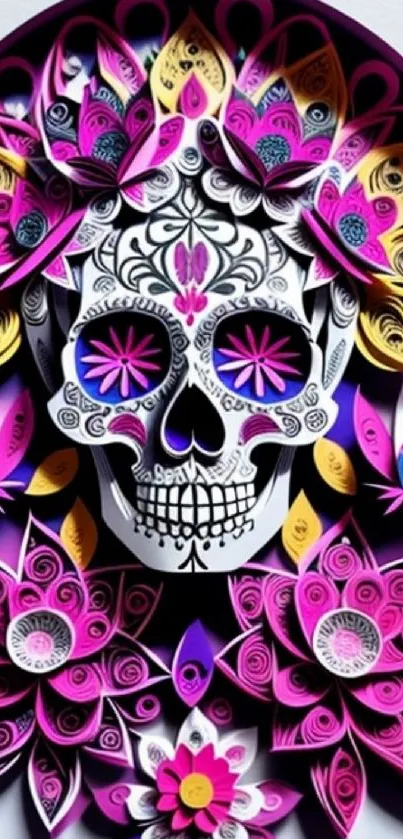 Vibrant skull art with floral patterns in bold colors on mobile wallpaper.