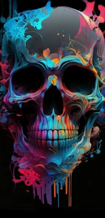 Colorful and vibrant skull art wallpaper with abstract design on black background.