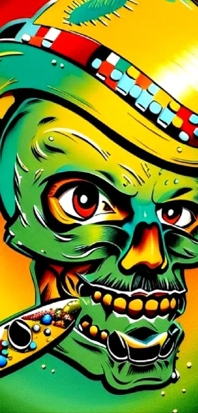 Colorful skull with cigar in vibrant style.