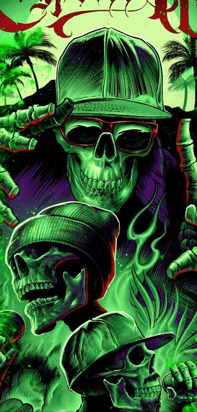 Neon green skulls in hip-hop themed art wallpaper.