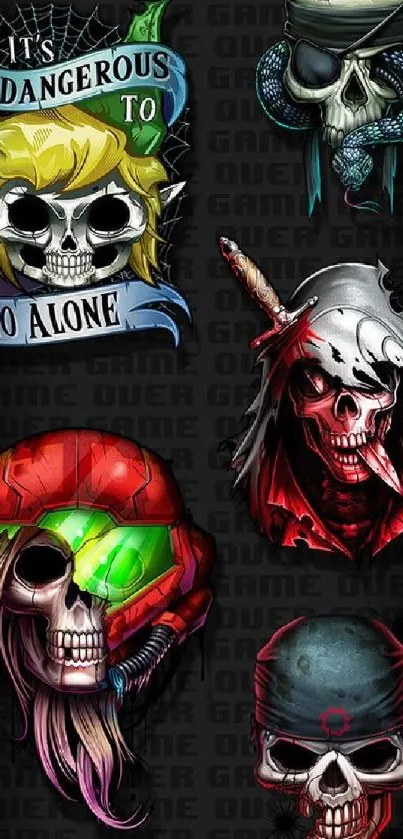 Vibrant skull art wallpaper with colorful designs on a dark background.