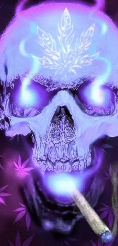 Neon purple skull with cannabis leaves, glowing art.