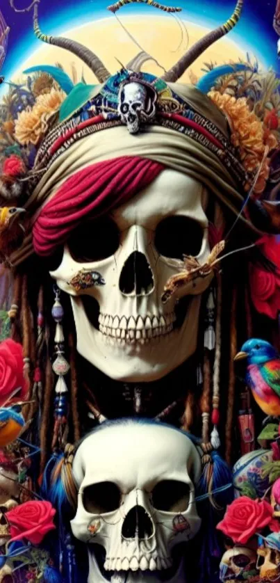 Vibrant skull art wallpaper with floral and colorful details.