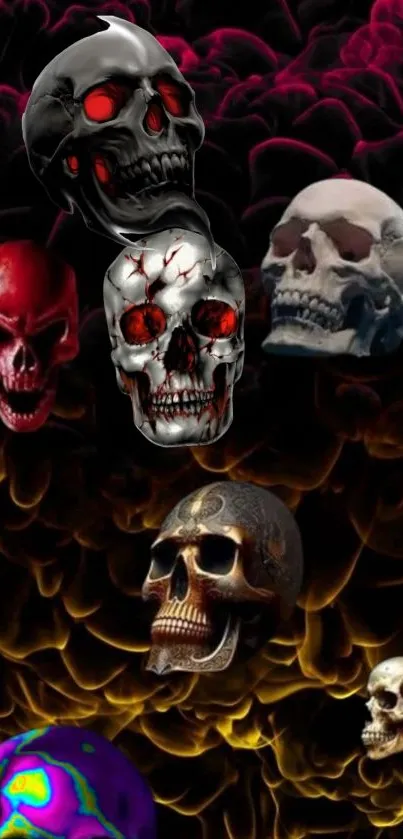 Vibrant skull art wallpaper with colorful designs and dark background.