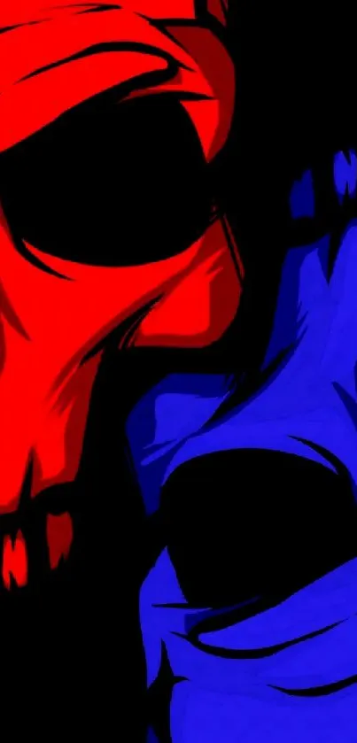 Red and blue skull artwork on black background, colorful mobile wallpaper.