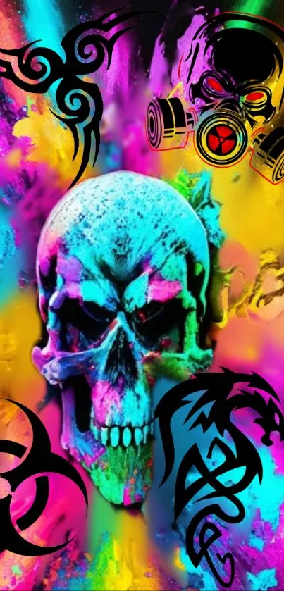 Vibrant skull art with neon colors and abstract designs on mobile wallpaper.