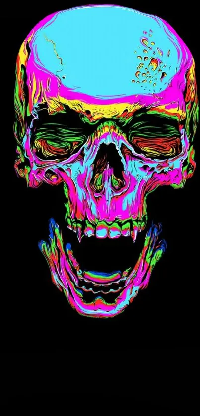 Neon-colored skull on black background, emphasizing vibrant digital art.