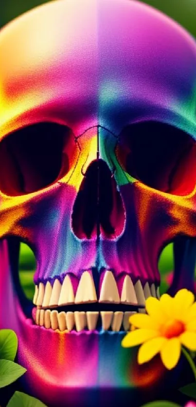 Colorful skull with vibrant floral accents as mobile wallpaper.