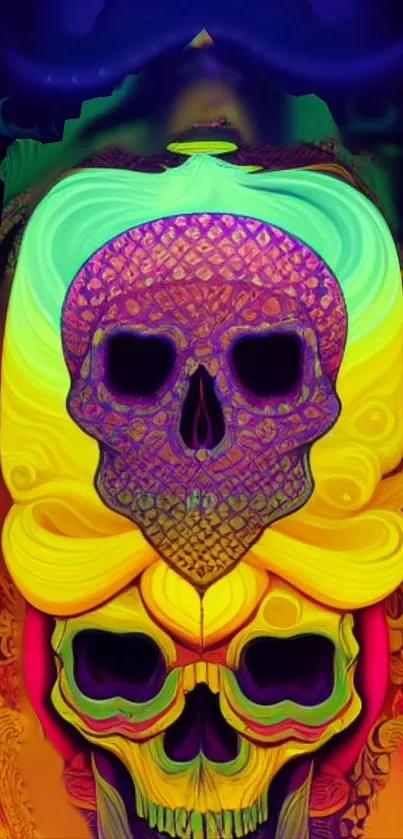 Vibrant and colorful psychedelic skull art wallpaper for mobile.