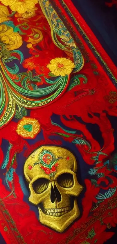 Intricate skull art on vibrant red background with gold accents.