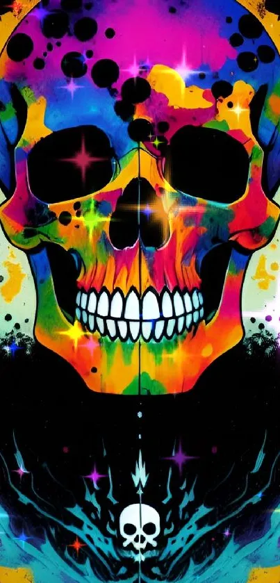 Vibrant skull art with colorful hues and patterns for a unique mobile wallpaper.