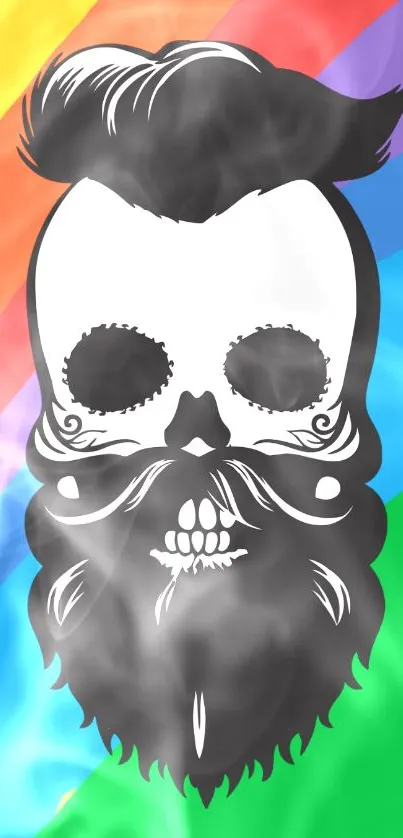 Artistic skull with a beard and colorful rainbow background.