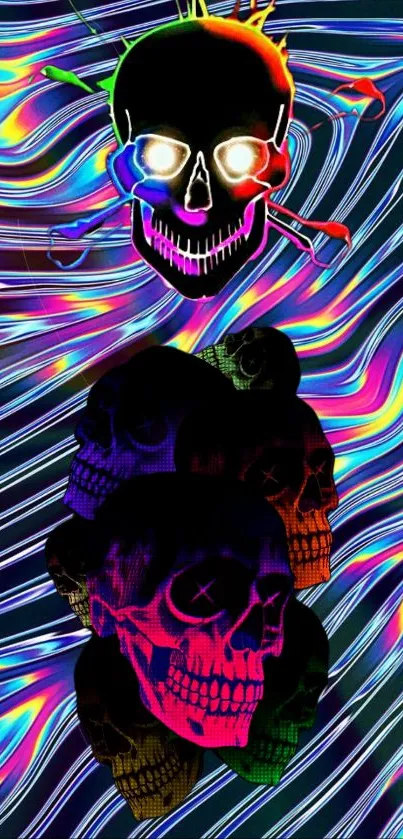 Psychedelic skull wallpaper with vibrant neon colors and dynamic patterns.