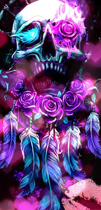 Colorful skull with neon roses and feathers on a dark background.