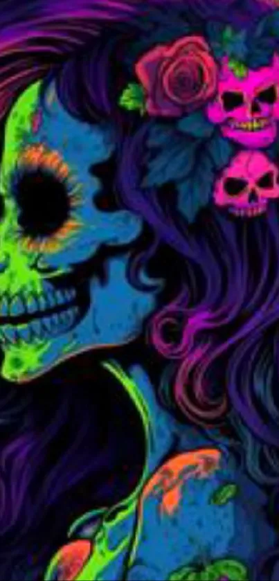 Vibrant neon skull art mobile wallpaper in purple, blue, and pink hues.