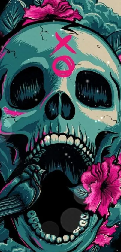 Colorful skull art with teal and pink floral design.