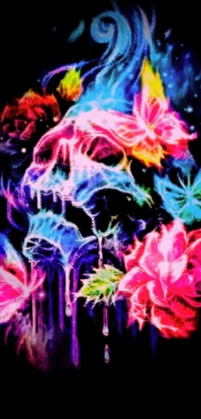 Neon skull wallpaper with vibrant butterflies and roses