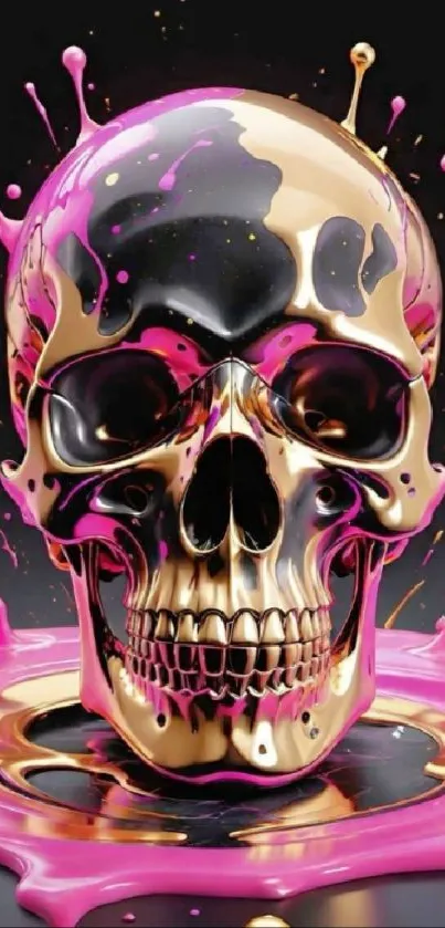 Colorful skull with pink and gold splashes on a dark background, mobile wallpaper.