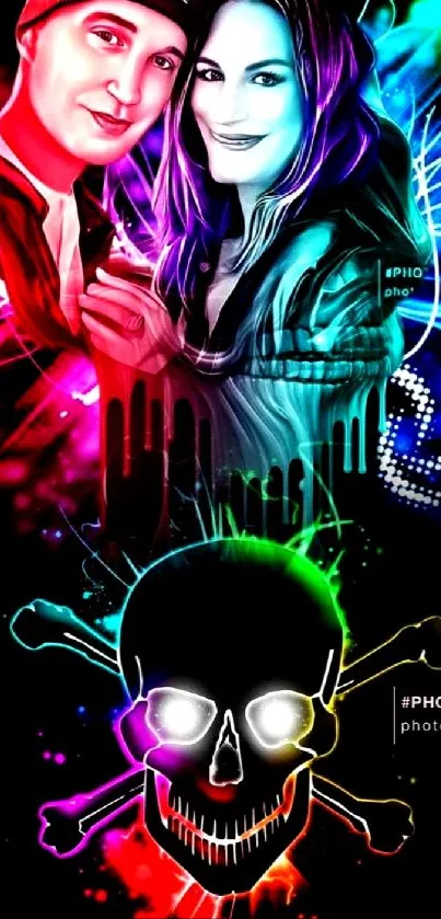 Vibrant neon art wallpaper with couple and skull design.