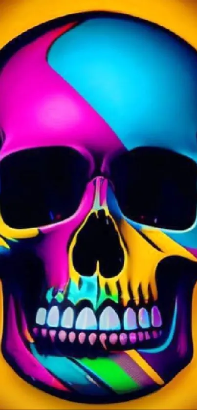 Colorful neon skull artwork on yellow background.