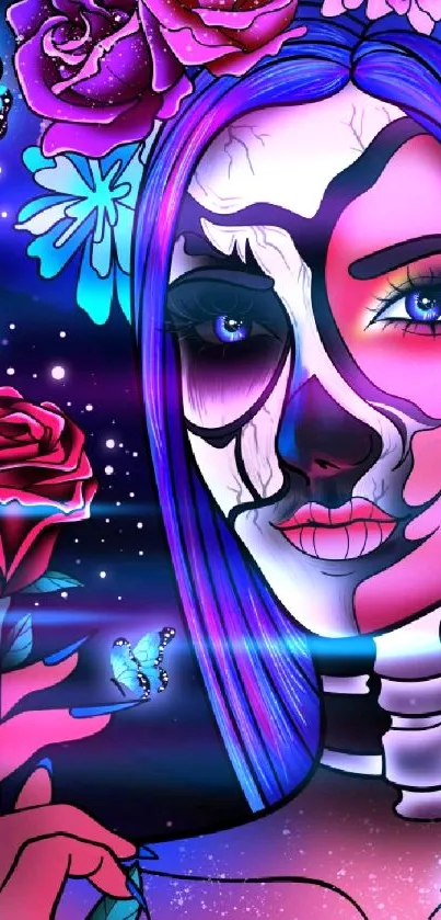 Vibrant skull art with roses and butterflies in neon colors.