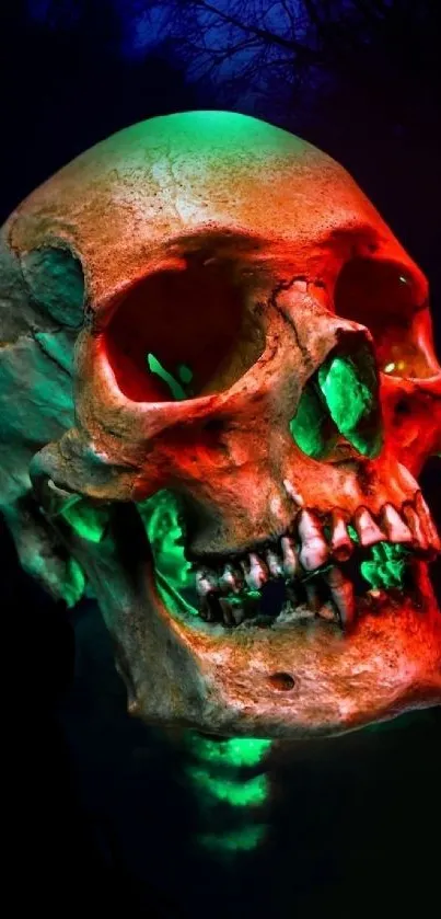 Vibrant skull wallpaper with red and green lighting effect.