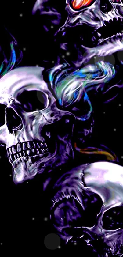 Mobile wallpaper with vibrant skulls and colorful flames on a dark background.