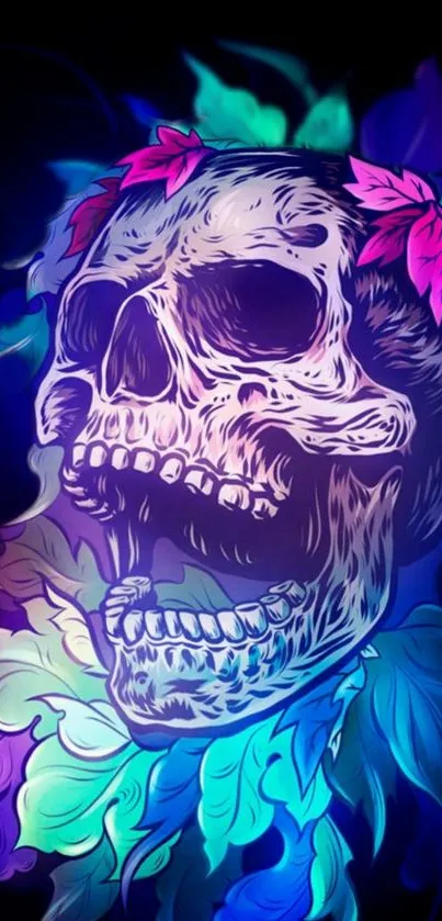 Vibrant skull wallpaper with neon leaves on a dark blue background.