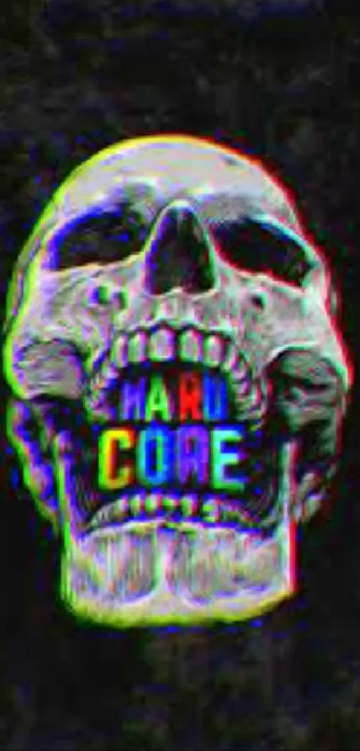 Colorful glitch skull with Hard Core text.