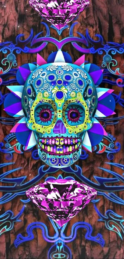 Vibrant skull art with colorful patterns and blue accents on a mobile wallpaper.