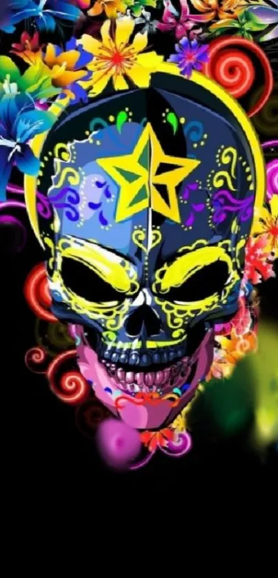 Colorful skull and floral mobile wallpaper in vibrant hues.