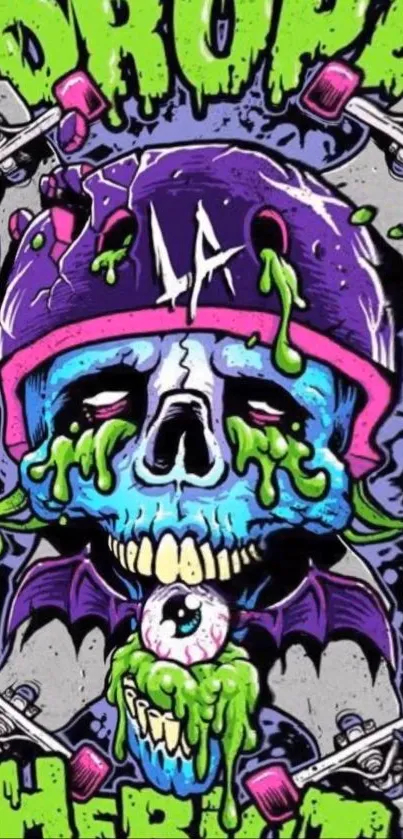 Vibrant skull art with skateboard elements in bold colors.