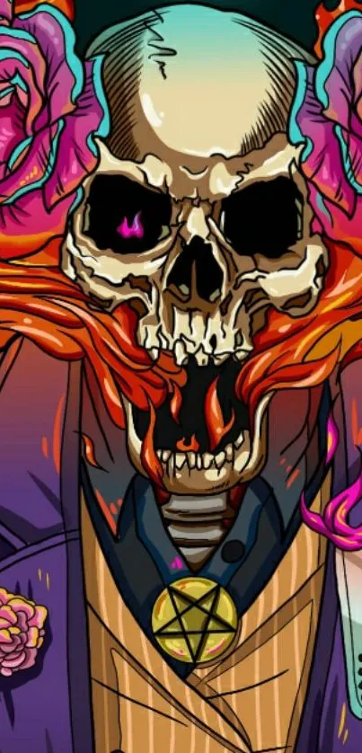 Vibrant skull with colorful flowers and flames mobile wallpaper.