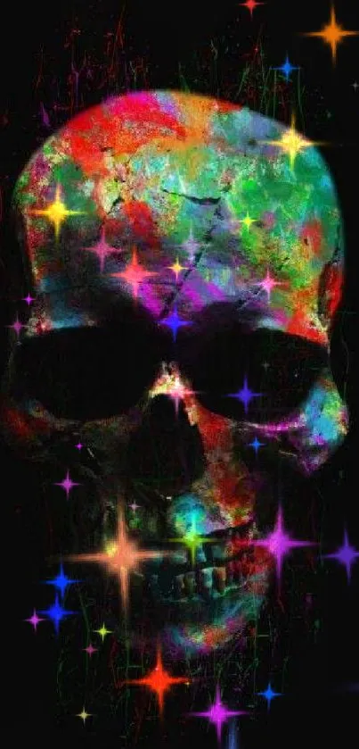 A colorful, vibrant skull art wallpaper with a dark background.