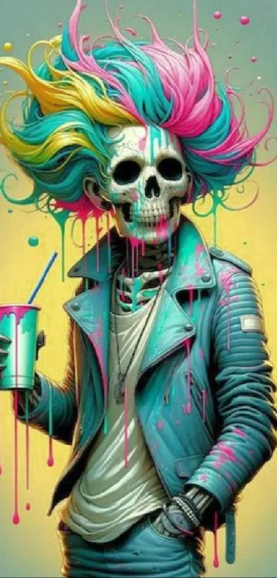 Vibrant skull art with neon colors and dynamic elements.